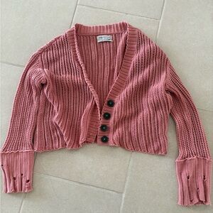 Urban Outfitters Pink Open Knit Cropped Cardigan - Distressed Cuffs - Size S